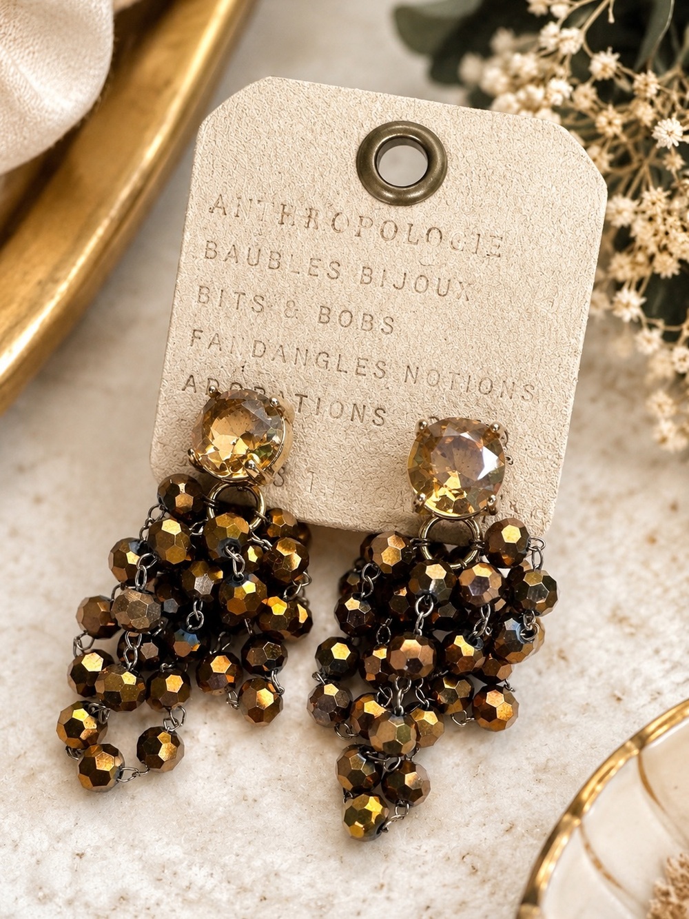 Anthropologie Bronze Amber Crystal Cluster Chandelier Statement Earrings NWT